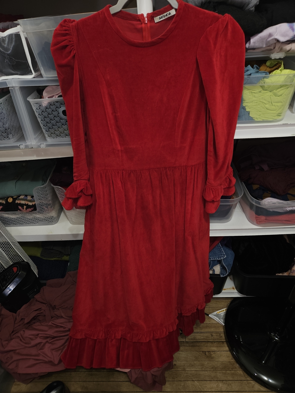 Batsheva Red Velvet Prairie Dress